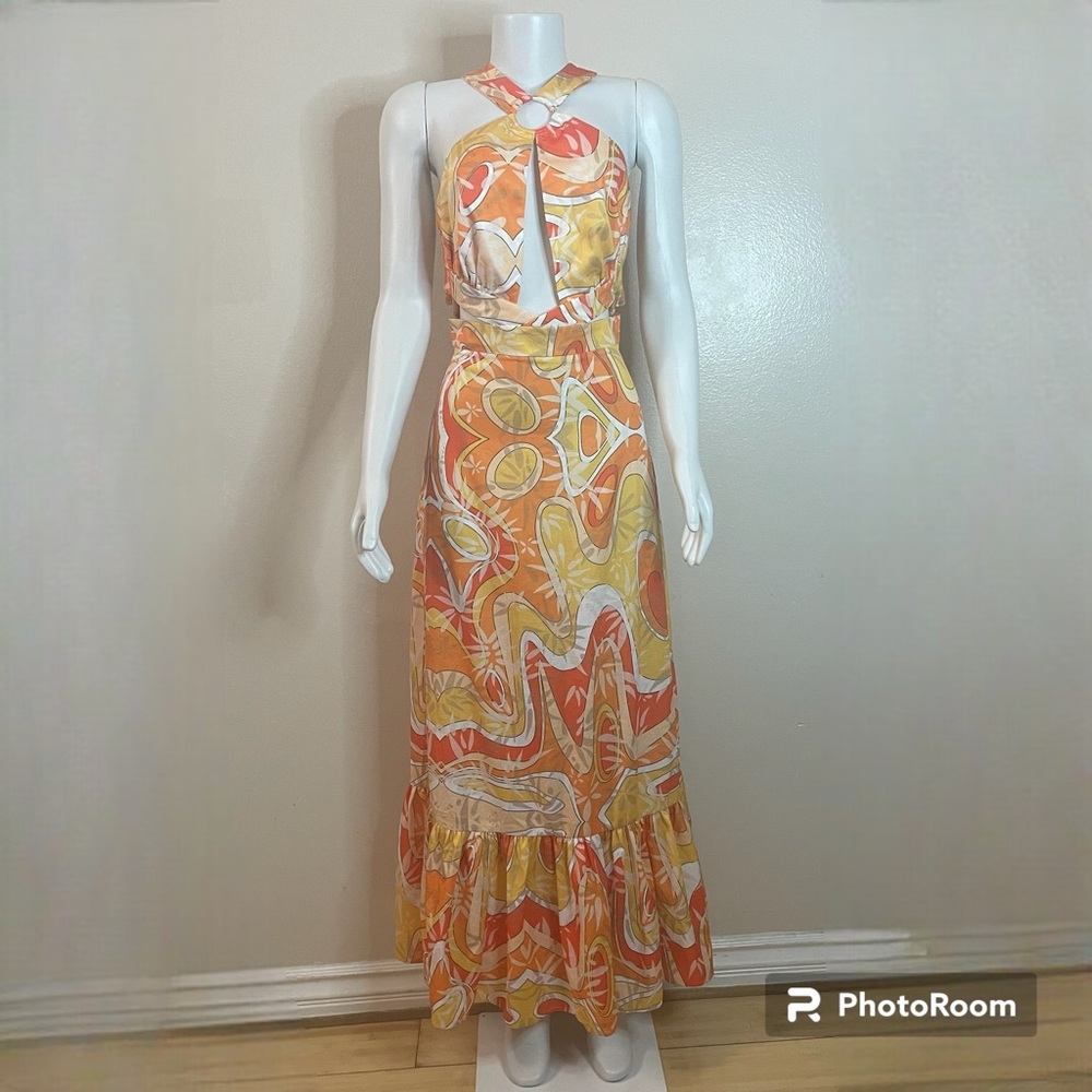 Orange yellow halter neck ring detail ruffle trim maxi dress